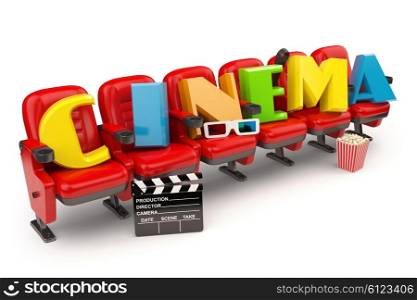 Cinema, movie or video concept. Row of seats with popcorm, glasses and clapper board isolated on white. 3d