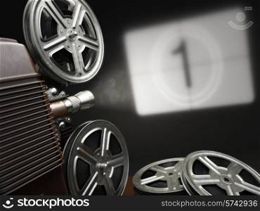 Cinema, movie or video concept. Vintage projector with projecting blank and reels of film. 3d