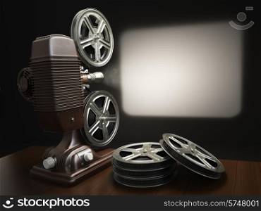 Cinema, movie or video concept. Vintage projector with projecting blank and reels of film. 3d
