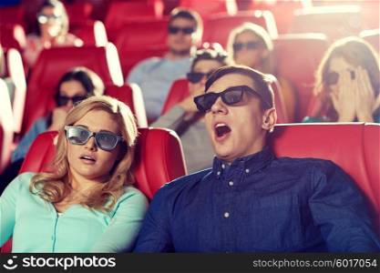 cinema, technology, entertainment and people concept - friends with 3d glasses watching horror or thriller movie in theater