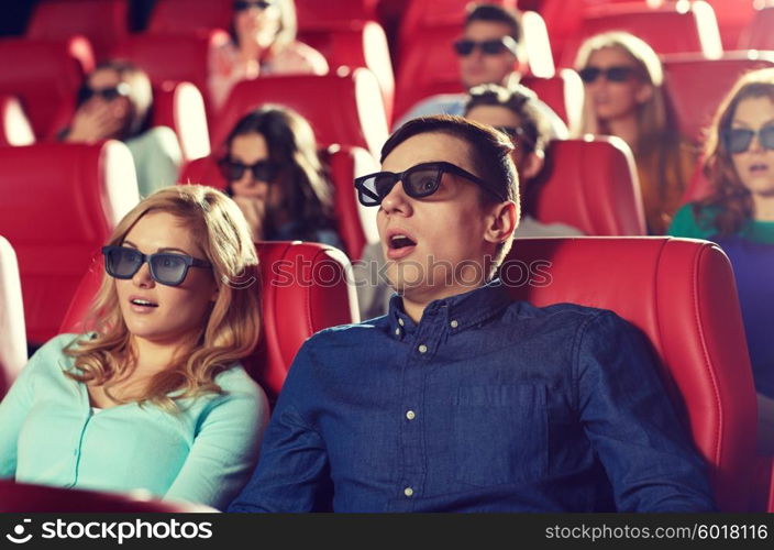 cinema, technology, entertainment and people concept - friends with 3d glasses watching horror or thriller movie in theater