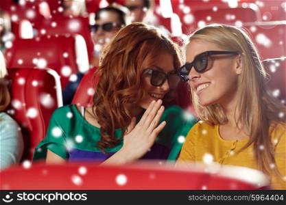cinema, technology, entertainment and people concept - happy female friends with 3d glasses watching movie and whispering in theater over snowflakes