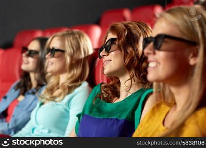 cinema, technology, entertainment and people concept - happy friends with 3d glasses watching movie in theater