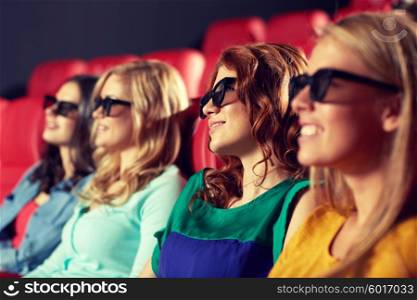 cinema, technology, entertainment and people concept - happy friends with 3d glasses watching movie in theater