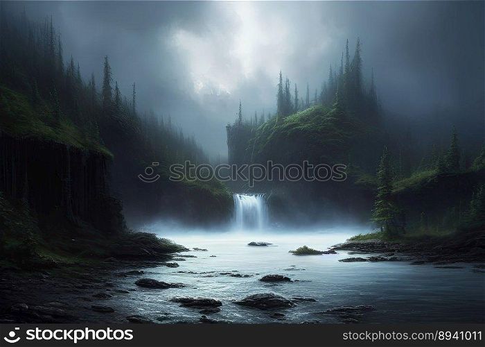 Cinematic dreamlike and surreal cloudy and misty forest with mystical river and waterfall