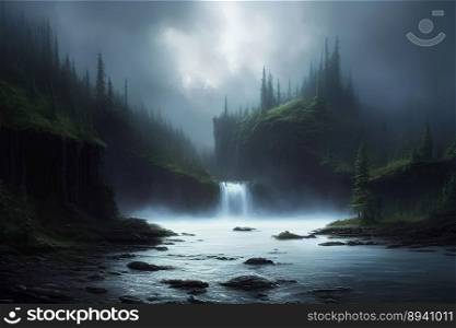Cinematic dreamlike and surreal cloudy and misty forest with mystical river and waterfall