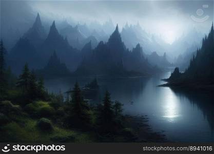 Cinematic dreamlike and surreal forest with a ominous lake and misty sunset