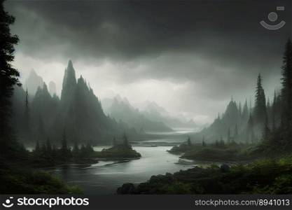 Cinematic dreamlike and surreal forest with an ominous lake and misty and dark cloudy sunset