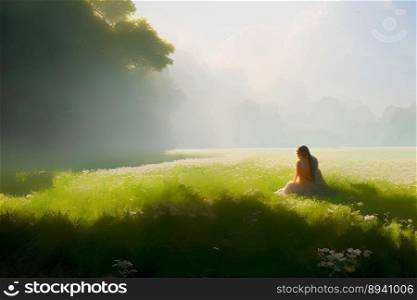 Cinematic dreamlike and surreal image of a lady sitting in green meadows in a forest in bright sunlight