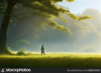 Cinematic dreamlike and surreal image of a person walking through green meadows in harsh sunlight