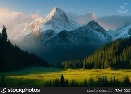 Cinematic dreamlike and surreal image of green meadows in a forest with a large pointed ice covered mountain at sunset
