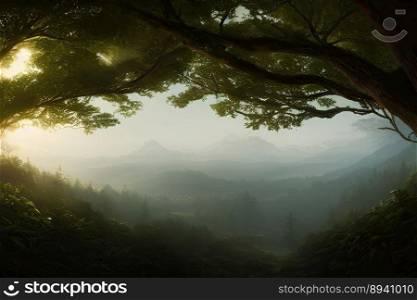 Cinematic dreamlike and surreal misty forest at sunset with overhanging branches