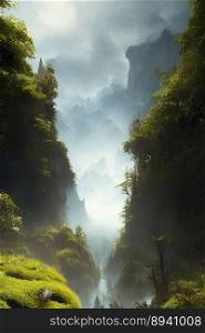Cinematic dreamlike and surreal misty forest with cliff covered in heavy mist leading to high sharp mountains