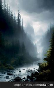 Cinematic dreamlike and surreal misty forest with river and overcast with dark clouds