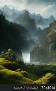 Cinematic dreamlike and surreal misty forest with river and waterfalls