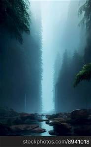 Cinematic dreamlike and surreal misty forest with river covered in heavy mist