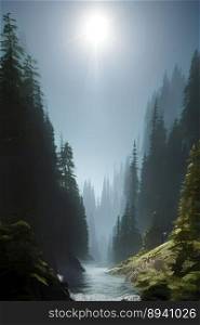 Cinematic dreamlike and surreal misty forest with straight river and sun centered over it
