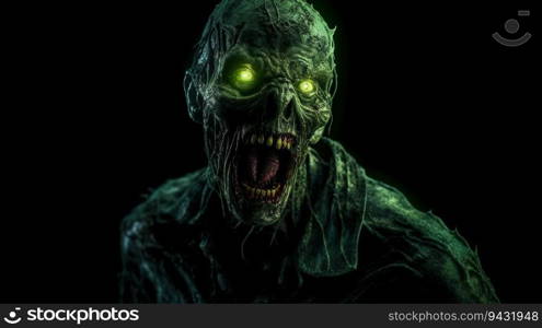 Cinematic green radiated zombie mouth open angry full shot full body green glowing eyes yelling looking to the side created by AI