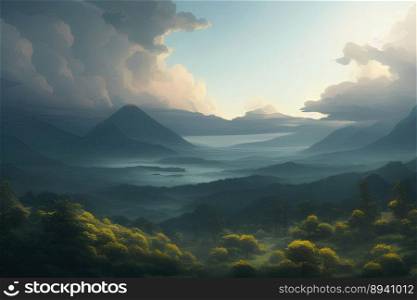 Cinematic high view of a surreal misty forest at sunset with dark clouds