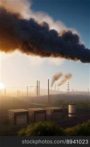 Cinematic image of air pollution smoke in air through industrial activities at sunset