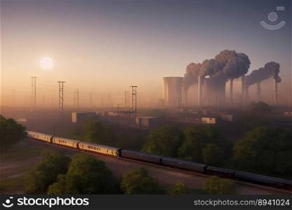 Cinematic image of air pollution smoke in air through industrial activities from a railway track at sunset,