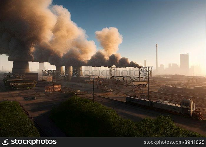 Cinematic image of air pollution smoke in air through industrial activities from a railway station at sunset