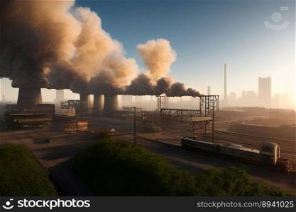 Cinematic image of air pollution smoke in air through industrial activities from a railway station at sunset