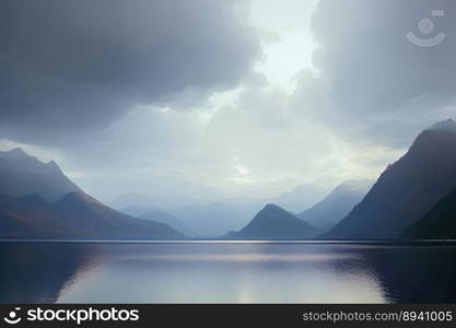 Cinematic surreal image of large mirror like lake with the sun through clouds and blue