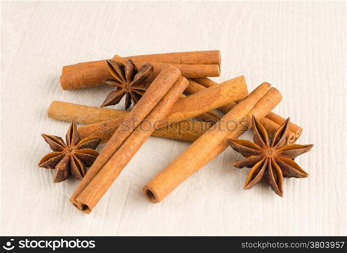 Cinnamon and anise on the wooden background