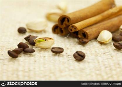 cinnamon and coffee on a wicker mat