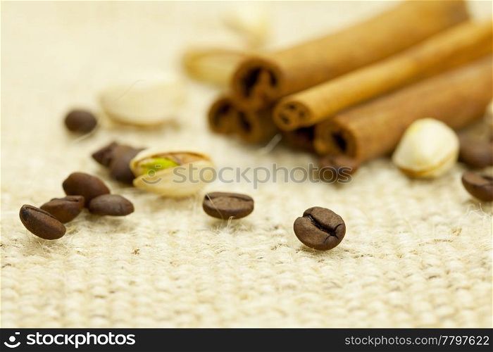 cinnamon and coffee on a wicker mat