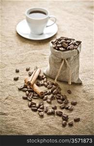 cinnamon and coffee on sacking