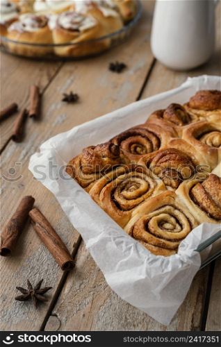 cinnamon rolls tray high angle