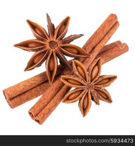 cinnamon stick and star anise spice isolated on white background closeup