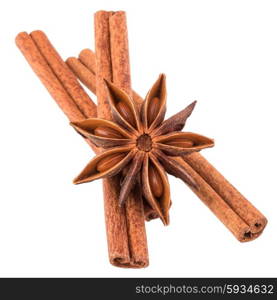 cinnamon stick and star anise spice isolated on white background closeup