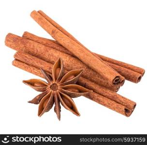 cinnamon stick and star anise spice isolated on white background closeup
