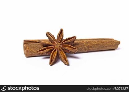 cinnamon stick and star anise spice isolated on white background closeup. cinnamon and anise on a white background