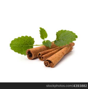 Cinnamon sticks and fresh bergamot mint leaf isolated on white background