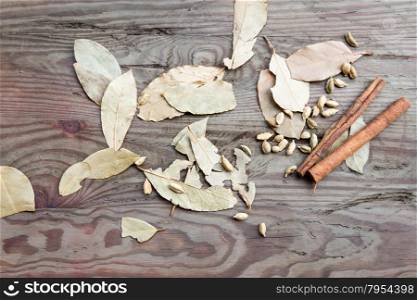 Cinnamon sticks and leaves on a wooden table