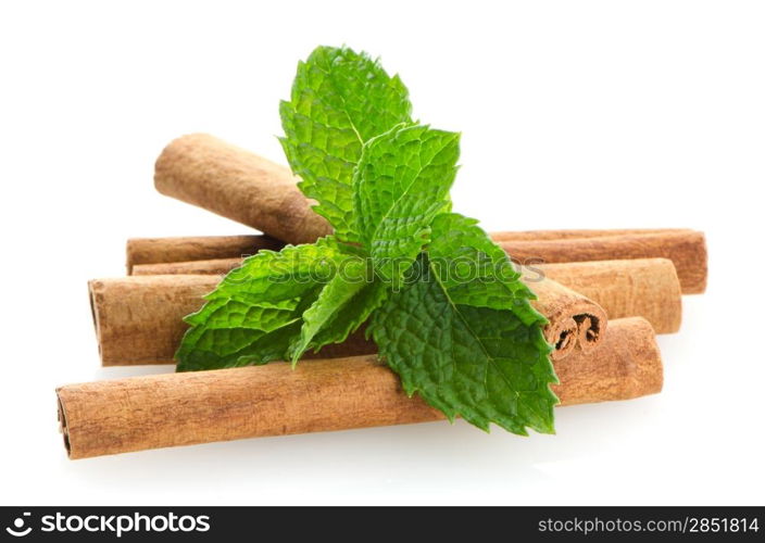 Cinnamon sticks on white reflective background.