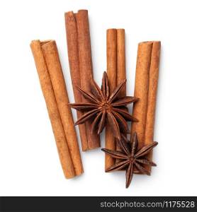 Cinnamon sticks with anise stars isolated on white background. Top view, flat lay