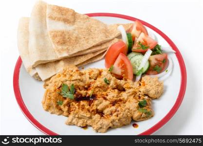Circassian chicken, shredded breast in a walnut sauce, served with salad and bread