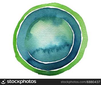 Circle blue watercolor painted button background. Texture paper. Isolated.