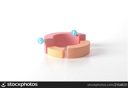 Circle diagram graph icon. Simple 3d render on pastel background. Business Finance concepts. Trading, Stocks, Crypto, Management. Colorful charts. Moving up and down. graph illustrations. 3D rendering