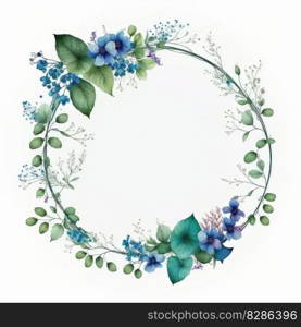 Circle frame of blue flower and green leaves with watercolor painting isolated on white background. Theme of vintage minimal art design in geometric. Finest generative AI.. Circle frame of blue flower and green leaves with watercolor painting.