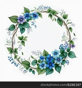 Circle frame of blue flower and green leaves with watercolor painting isolated on white background. Theme of vintage minimal art design in geometric. Finest generative AI.. Circle frame of blue flower and green leaves with watercolor painting.