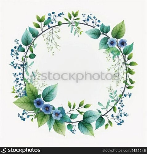 Circle frame of blue flower and green leaves with watercolor painting isolated on white background. Theme of vintage minimal art design in geometric. Finest generative AI.. Circle frame of blue flower and green leaves with watercolor painting.