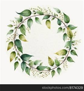 Circle frame of green leaves with watercolor painting with watercolor painting isolated on white background. Theme of vintage minimal art design in geometric. Finest generative AI.. Circle frame of green leaves with watercolor painting.
