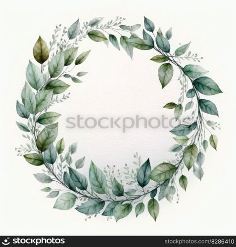 Circle frame of green leaves with watercolor painting with watercolor painting isolated on white background. Theme of vintage minimal art design in geometric. Finest generative AI.. Circle frame of green leaves with watercolor painting.