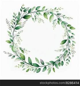 Circle frame of green leaves with watercolor painting with watercolor painting isolated on white background. Theme of vintage minimal art design in geometric. Finest generative AI.. Circle frame of green leaves with watercolor painting.